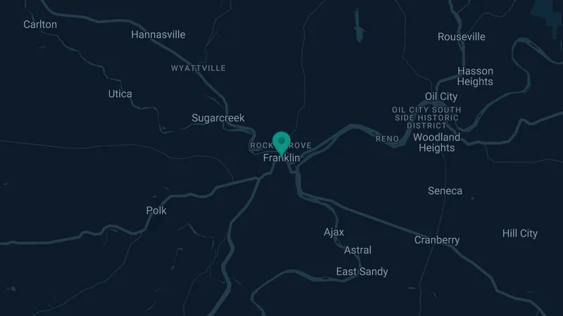 Map of Franklin, Pennsylvania: 2 documented asbestos exposure sites