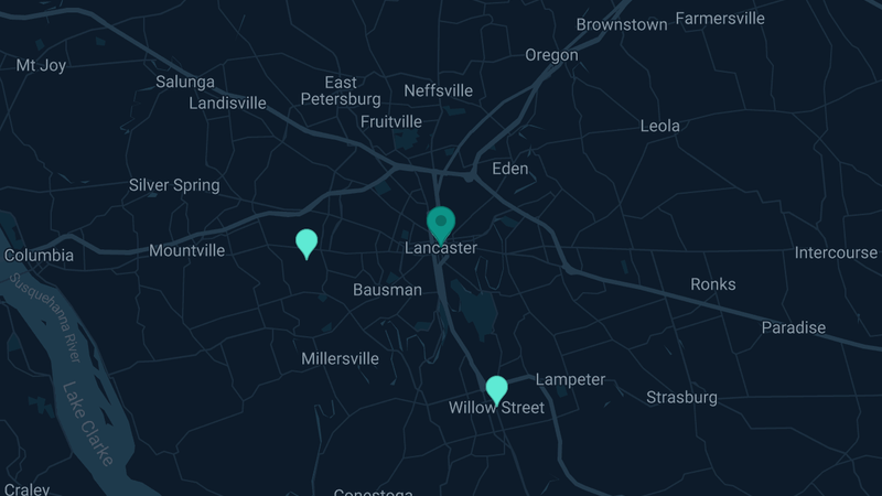 Map of Lancaster, Pennsylvania — 3 documented asbestos exposure sites