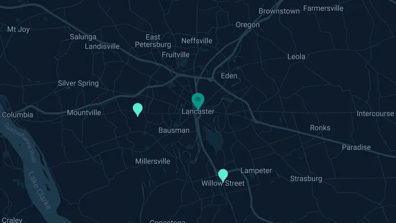 Map of Lancaster, Pennsylvania: 3 documented asbestos exposure sites