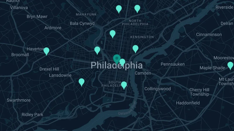 Map of Philadelphia, Pennsylvania: 18 documented asbestos exposure sites