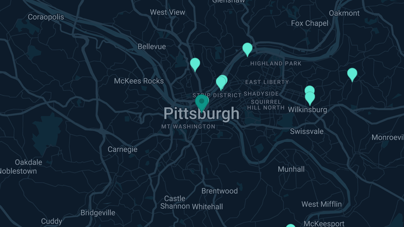 Map of Pittsburgh, Pennsylvania — 24 documented asbestos exposure sites