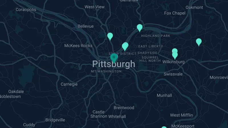 Map of Pittsburgh, Pennsylvania: 24 documented asbestos exposure sites