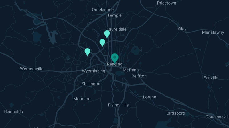 Map of Reading, Pennsylvania — 8 documented asbestos exposure sites