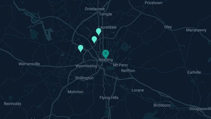 Map of Reading, Pennsylvania: 8 documented asbestos exposure sites