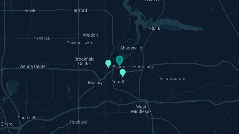 Map of Sharon, Pennsylvania: 3 documented asbestos exposure sites