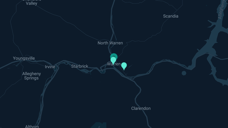 Map of Warren, Pennsylvania — 2 documented asbestos exposure sites