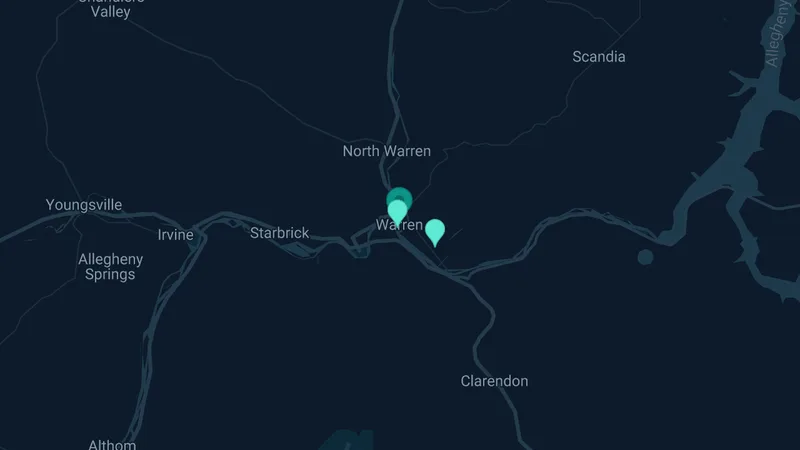 Map of Warren, Pennsylvania: 2 documented asbestos exposure sites