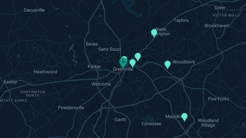 Map of Greenville, South Carolina — 8 documented asbestos exposure sites
