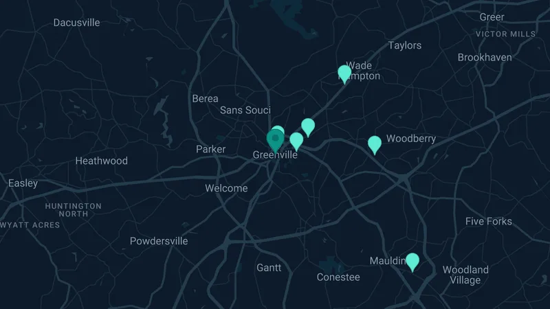 Map of Greenville, South Carolina: 8 documented asbestos exposure sites