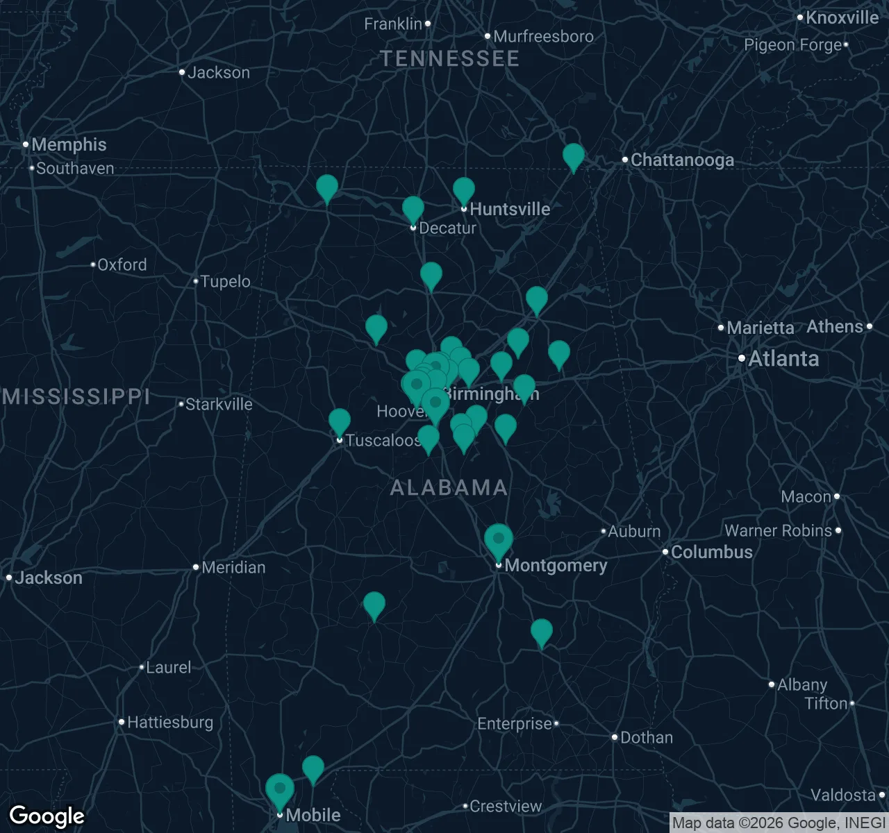 Map of documented asbestos exposure sites in Alabama