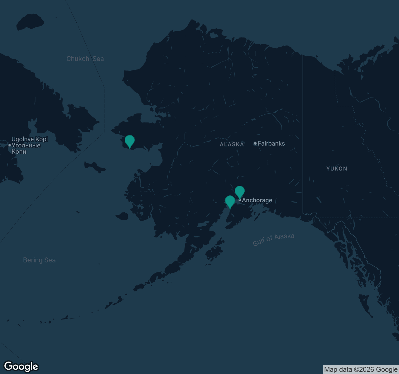 Map of documented asbestos exposure sites in Alaska