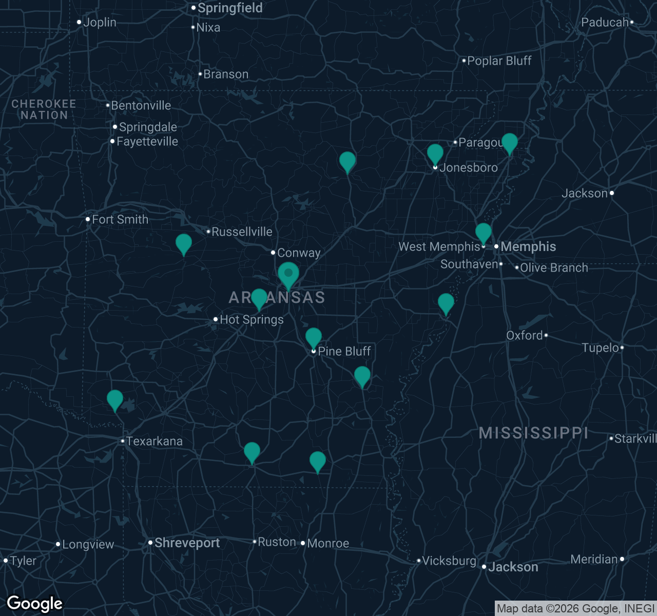 Map of documented asbestos exposure sites in Arkansas