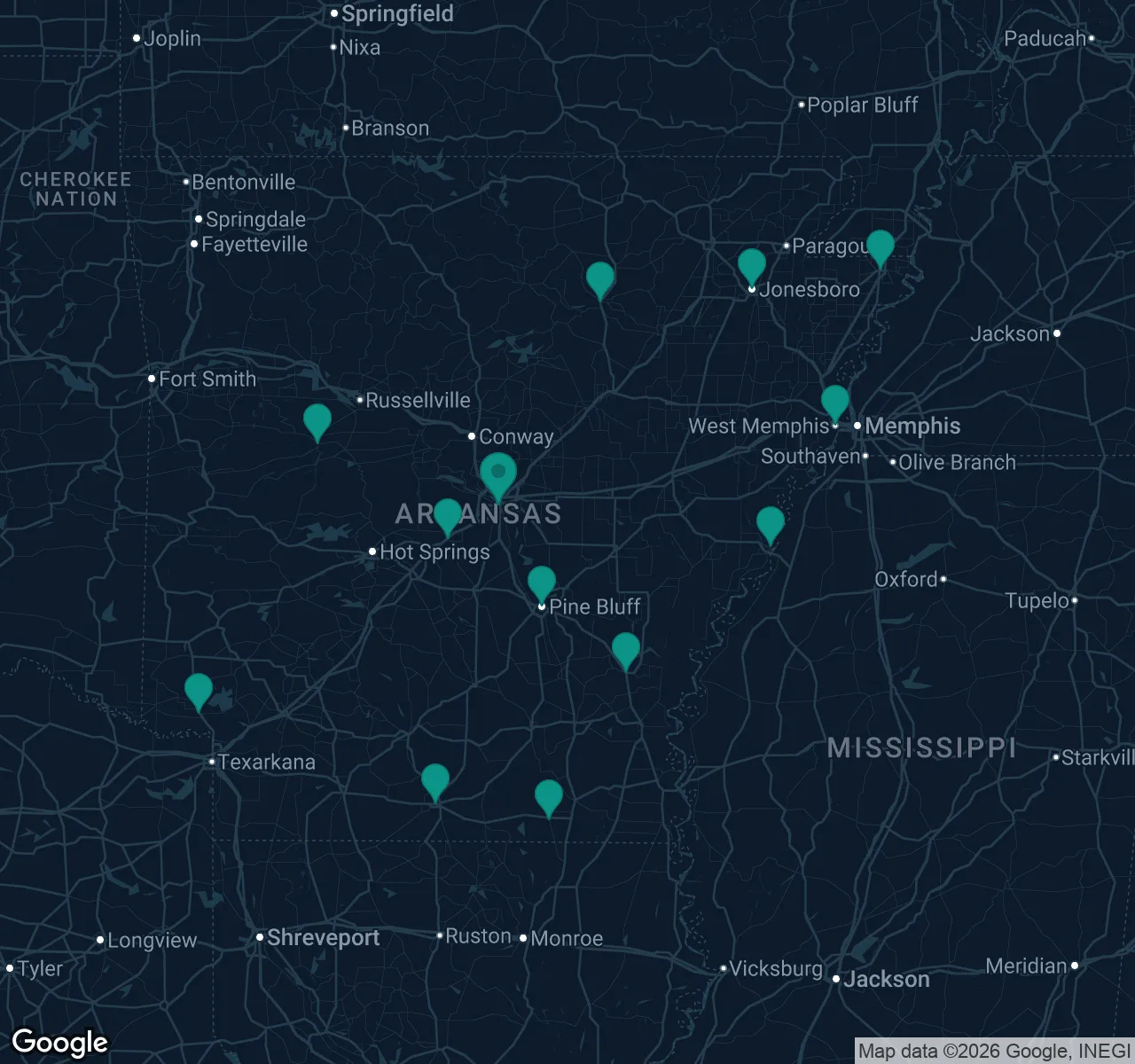 Map of documented asbestos exposure sites in Arkansas