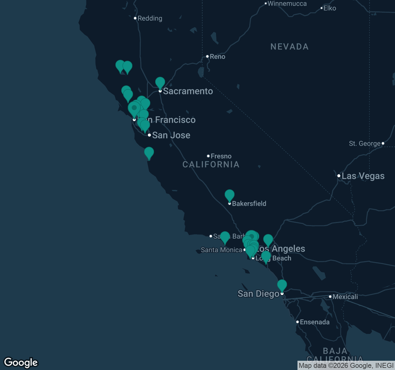 Map of documented asbestos exposure sites in California