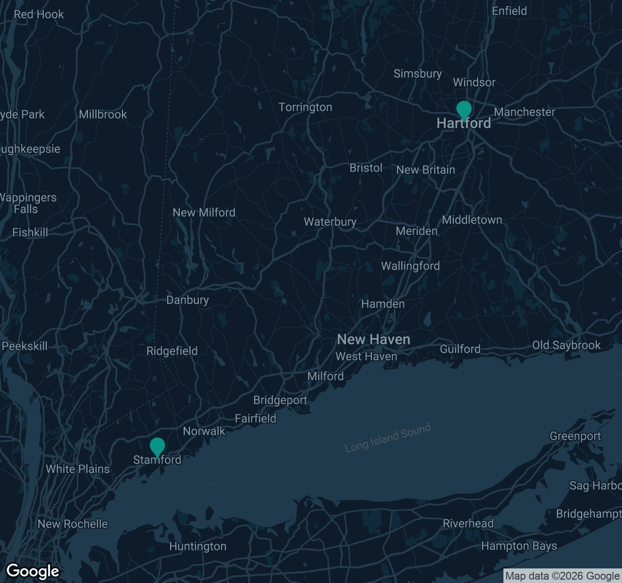 Map of documented asbestos exposure sites in Connecticut