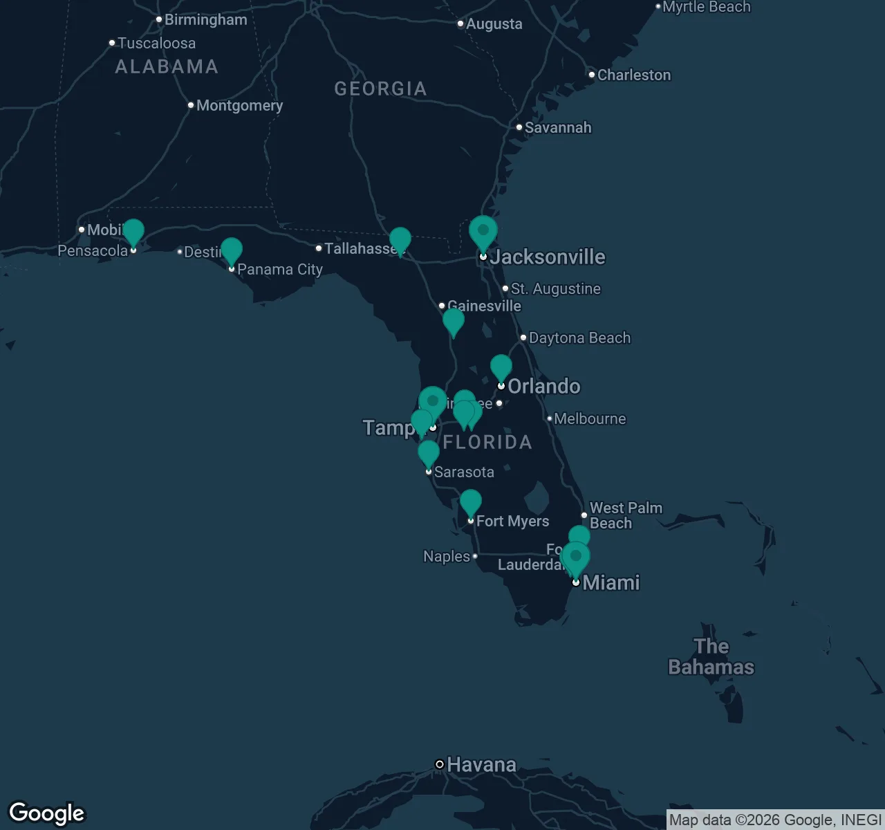 Map of documented asbestos exposure sites in Florida