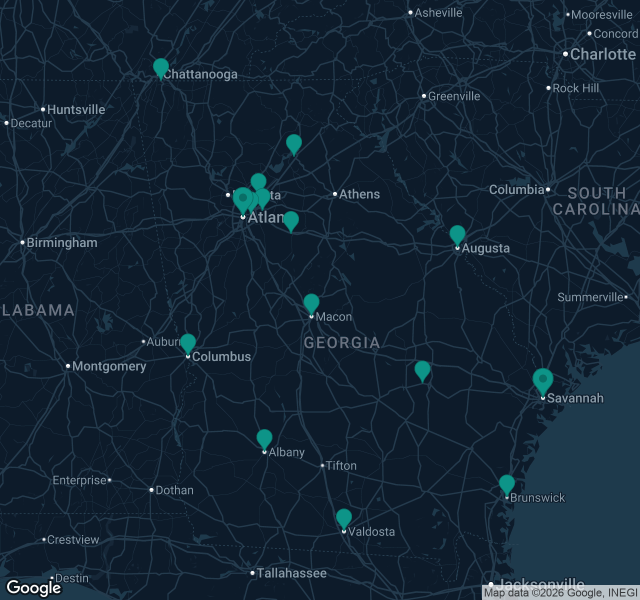 Map of documented asbestos exposure sites in Georgia
