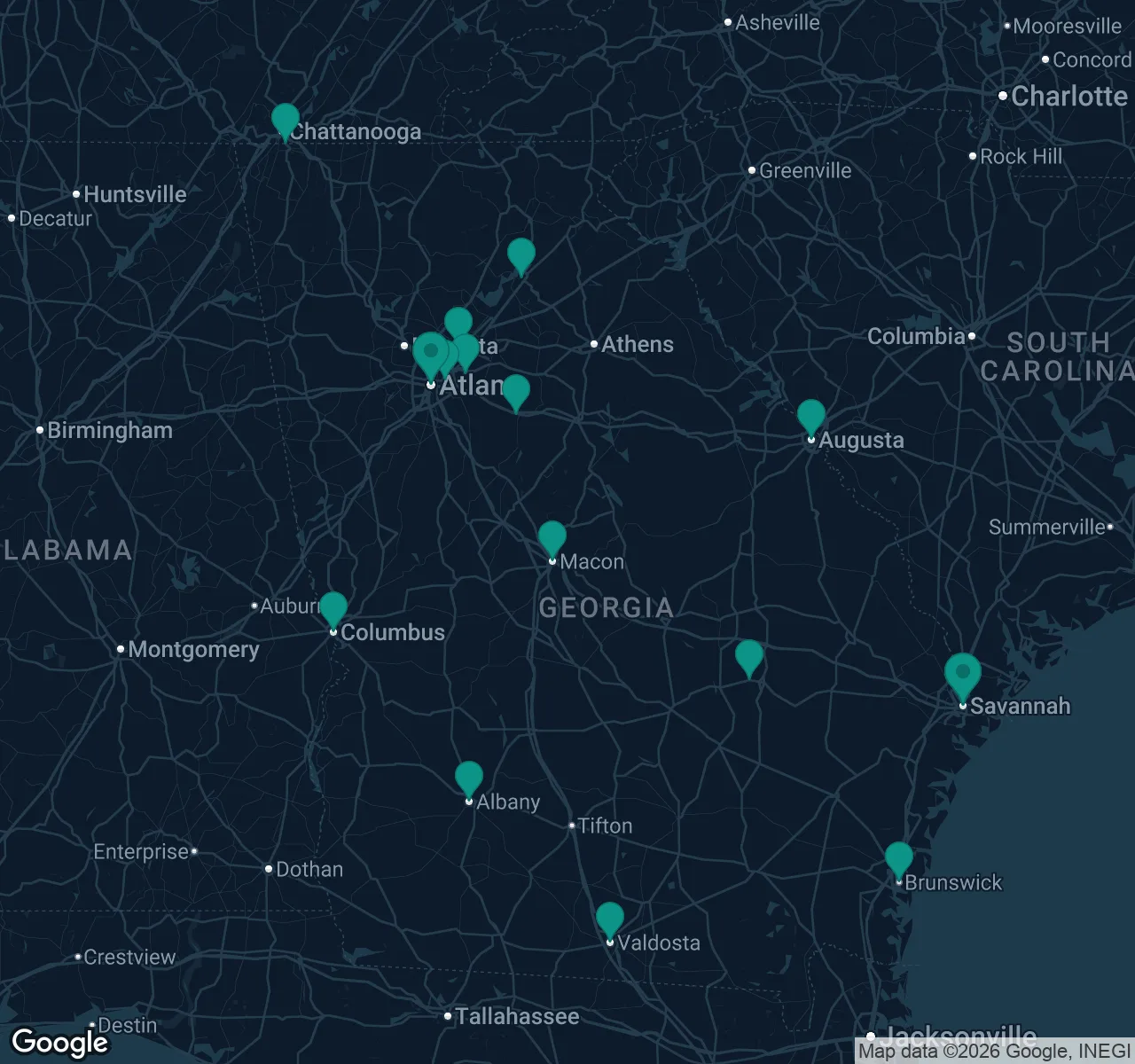 Map of documented asbestos exposure sites in Georgia