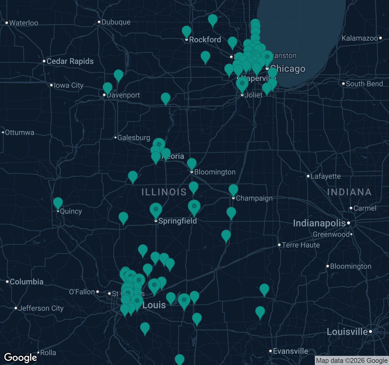 Map of documented asbestos exposure sites in Illinois