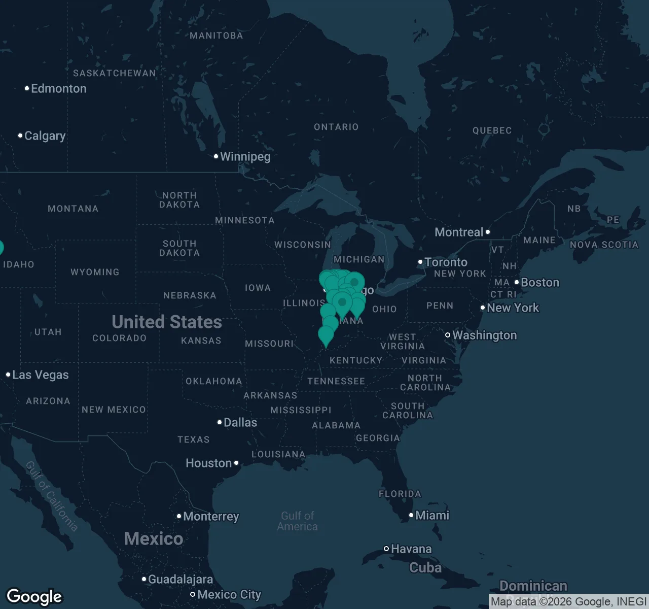 Map of documented asbestos exposure sites in Indiana
