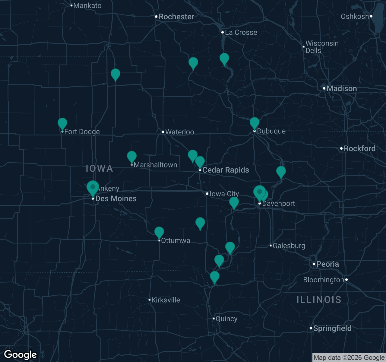 Map of documented asbestos exposure sites in Iowa