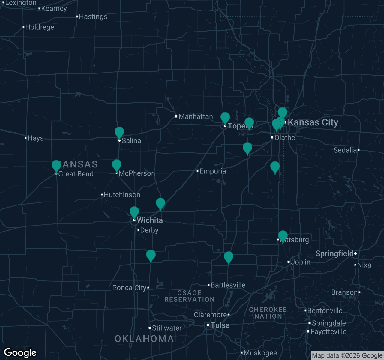 Map of documented asbestos exposure sites in Kansas