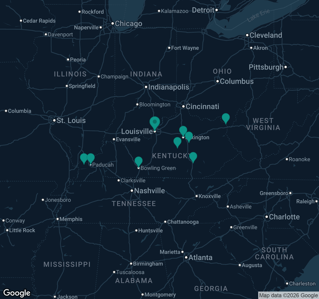 Map of documented asbestos exposure sites in Kentucky