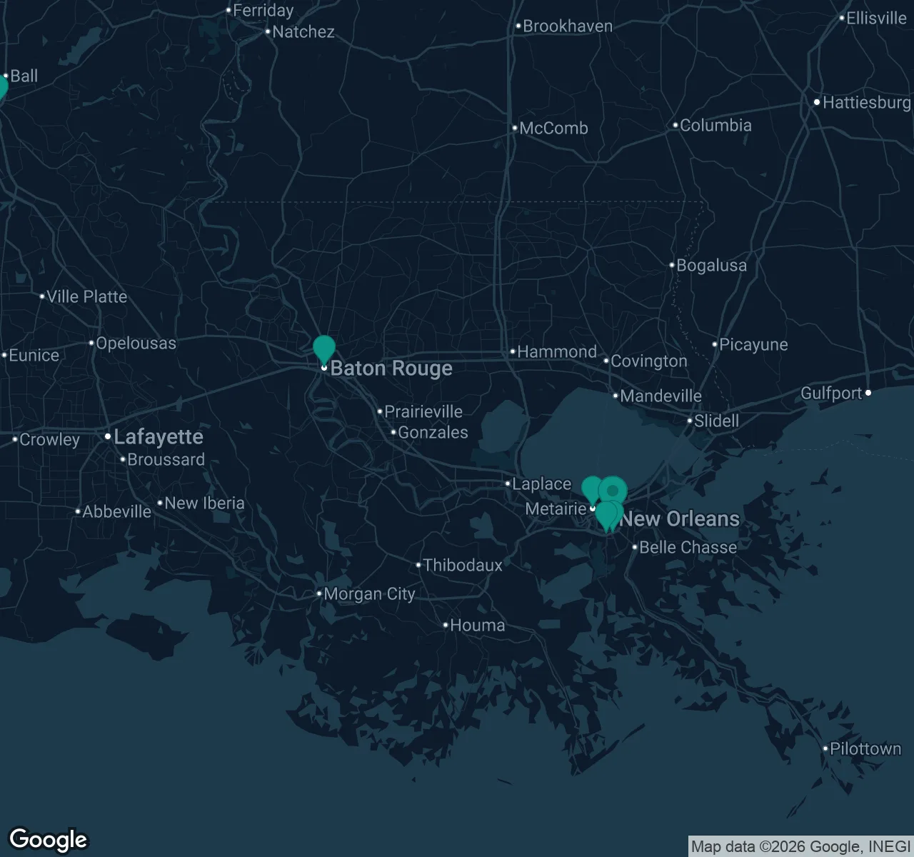 Map of documented asbestos exposure sites in Louisiana