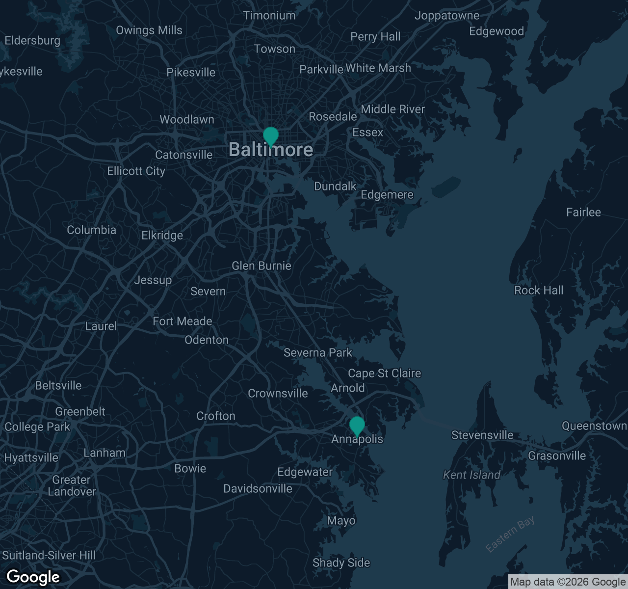 Map of documented asbestos exposure sites in Maryland