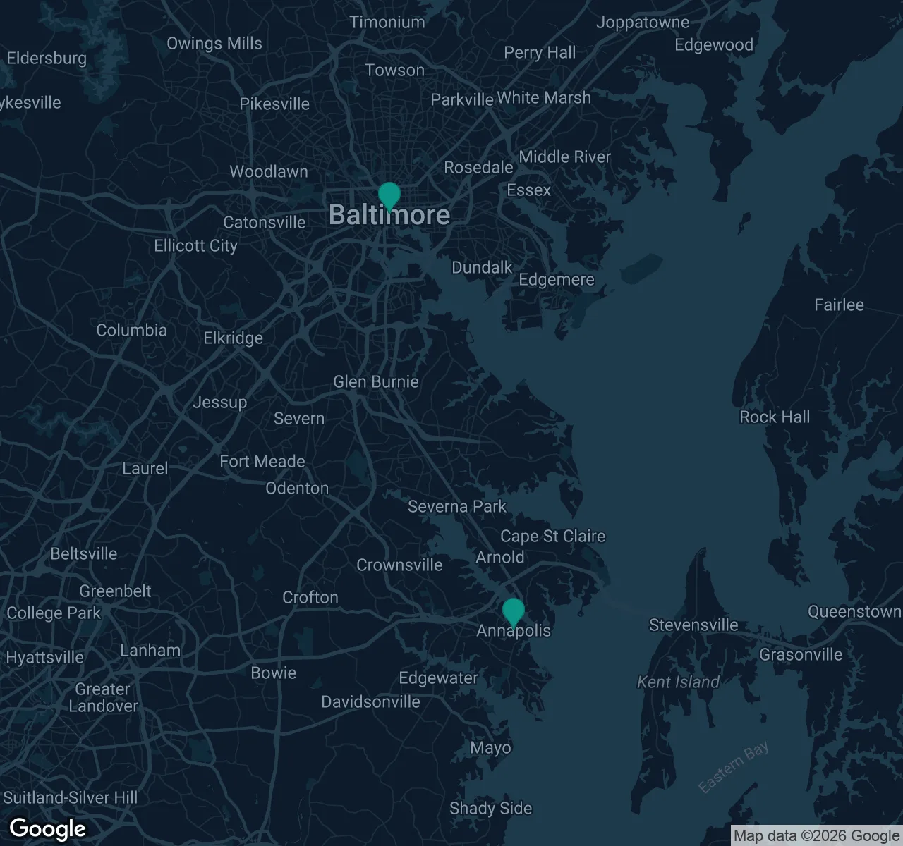Map of documented asbestos exposure sites in Maryland