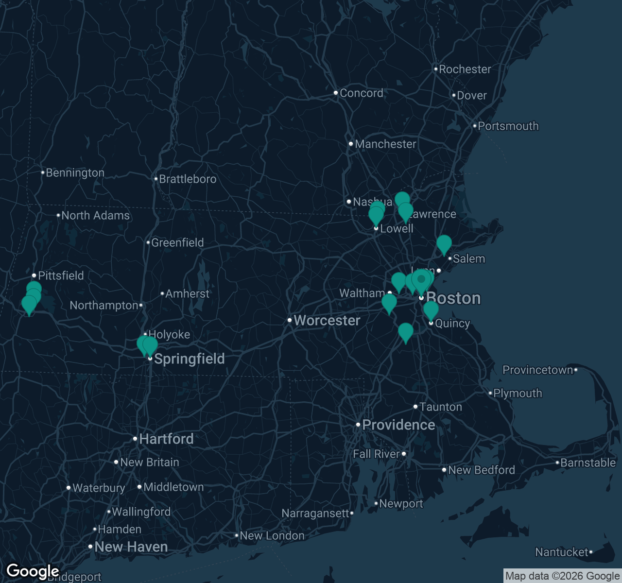 Map of documented asbestos exposure sites in Massachusetts