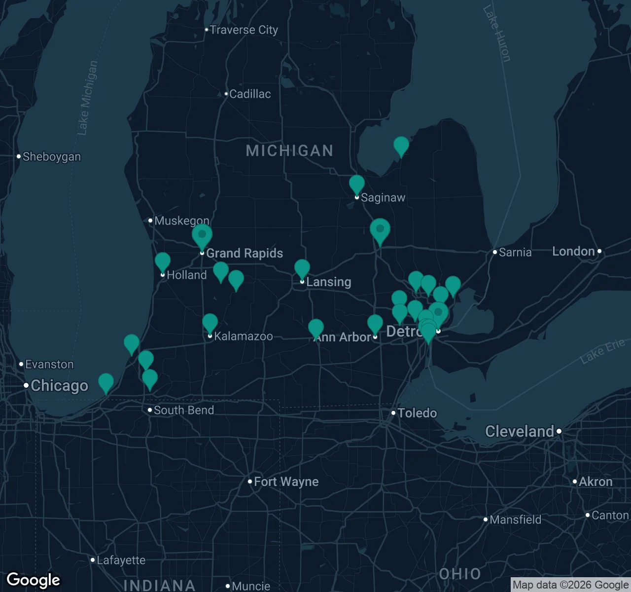 Map of documented asbestos exposure sites in Michigan