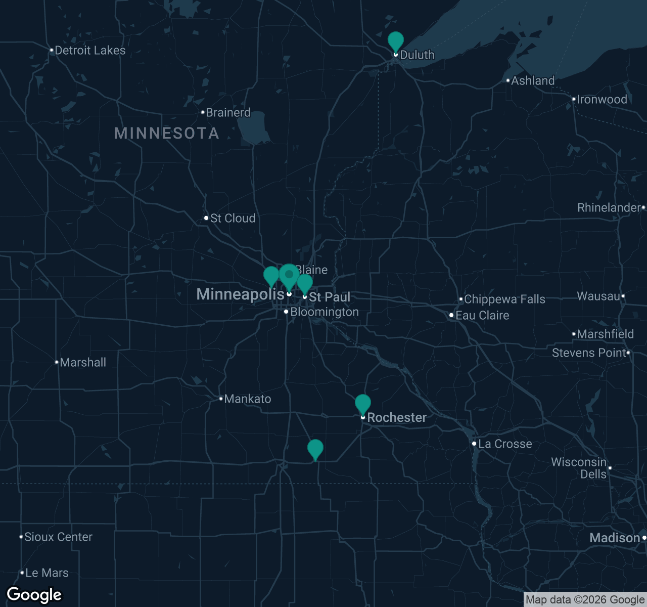 Map of documented asbestos exposure sites in Minnesota