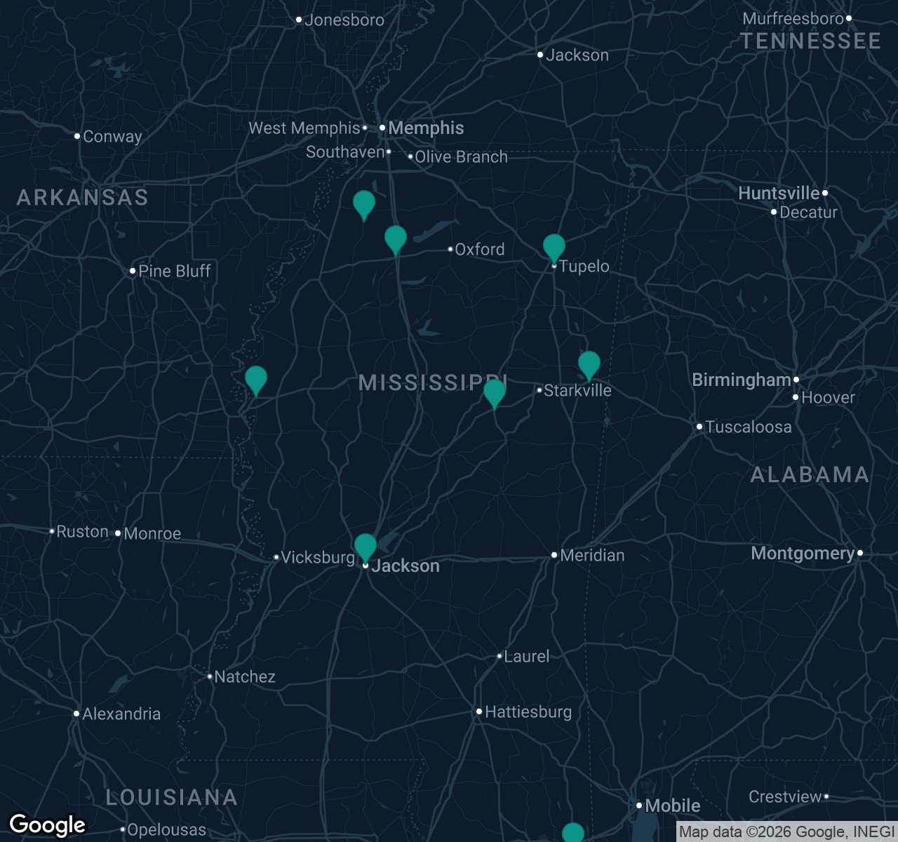 Map of documented asbestos exposure sites in Mississippi