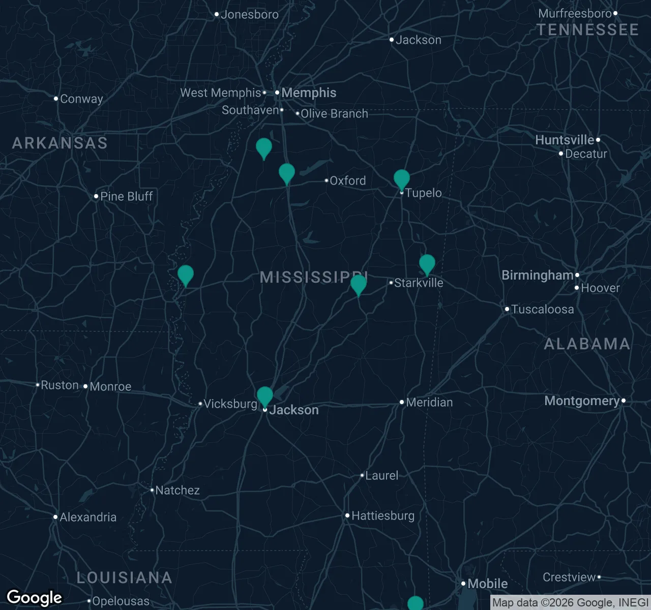 Map of documented asbestos exposure sites in Mississippi