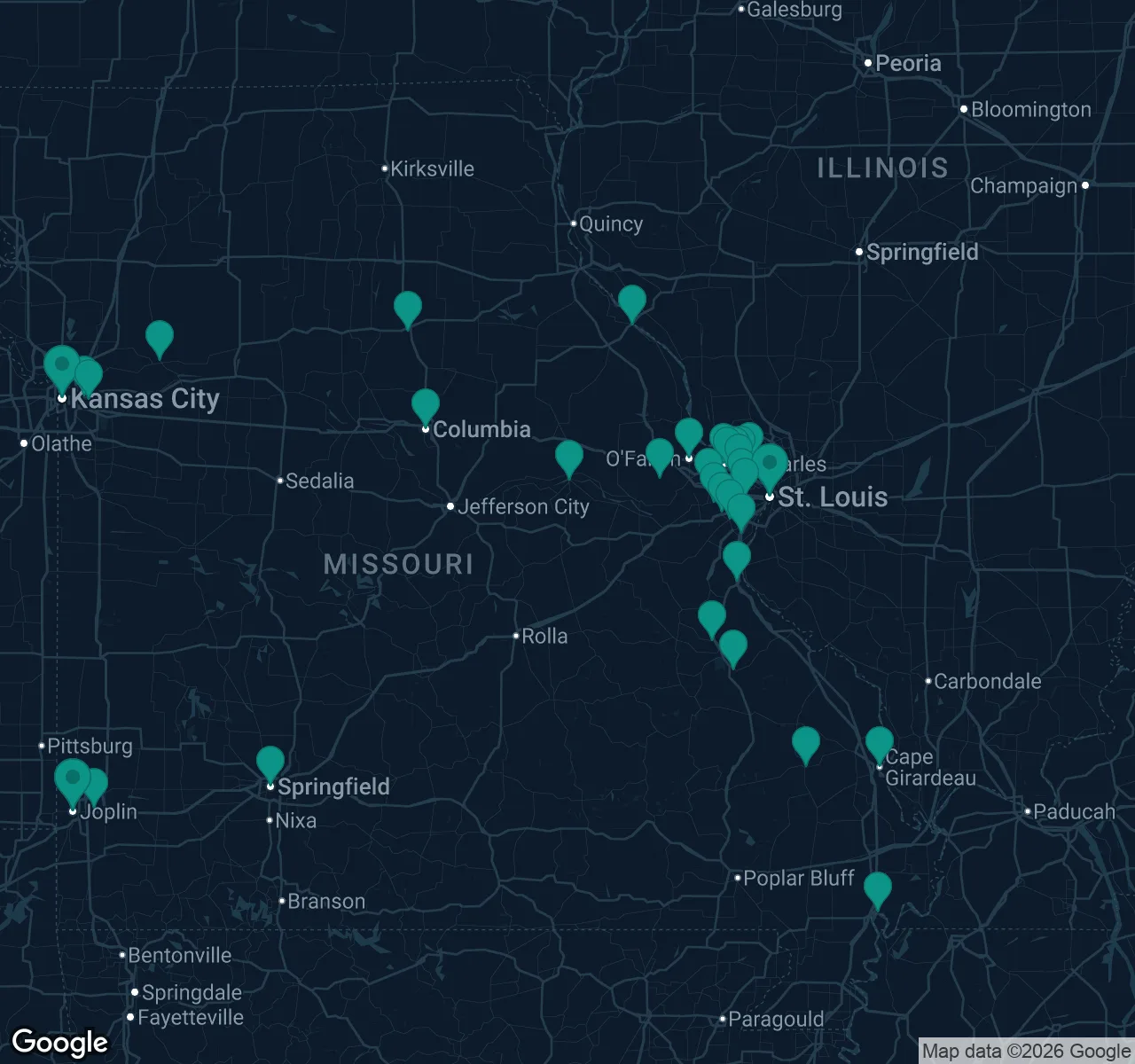 Map of documented asbestos exposure sites in Missouri