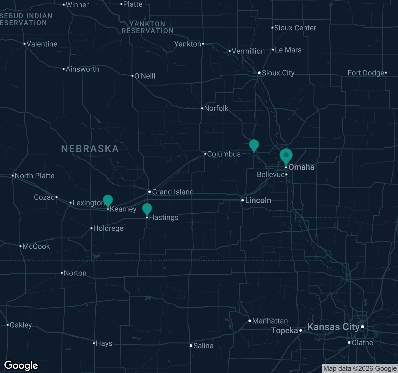 Map of documented asbestos exposure sites in Nebraska
