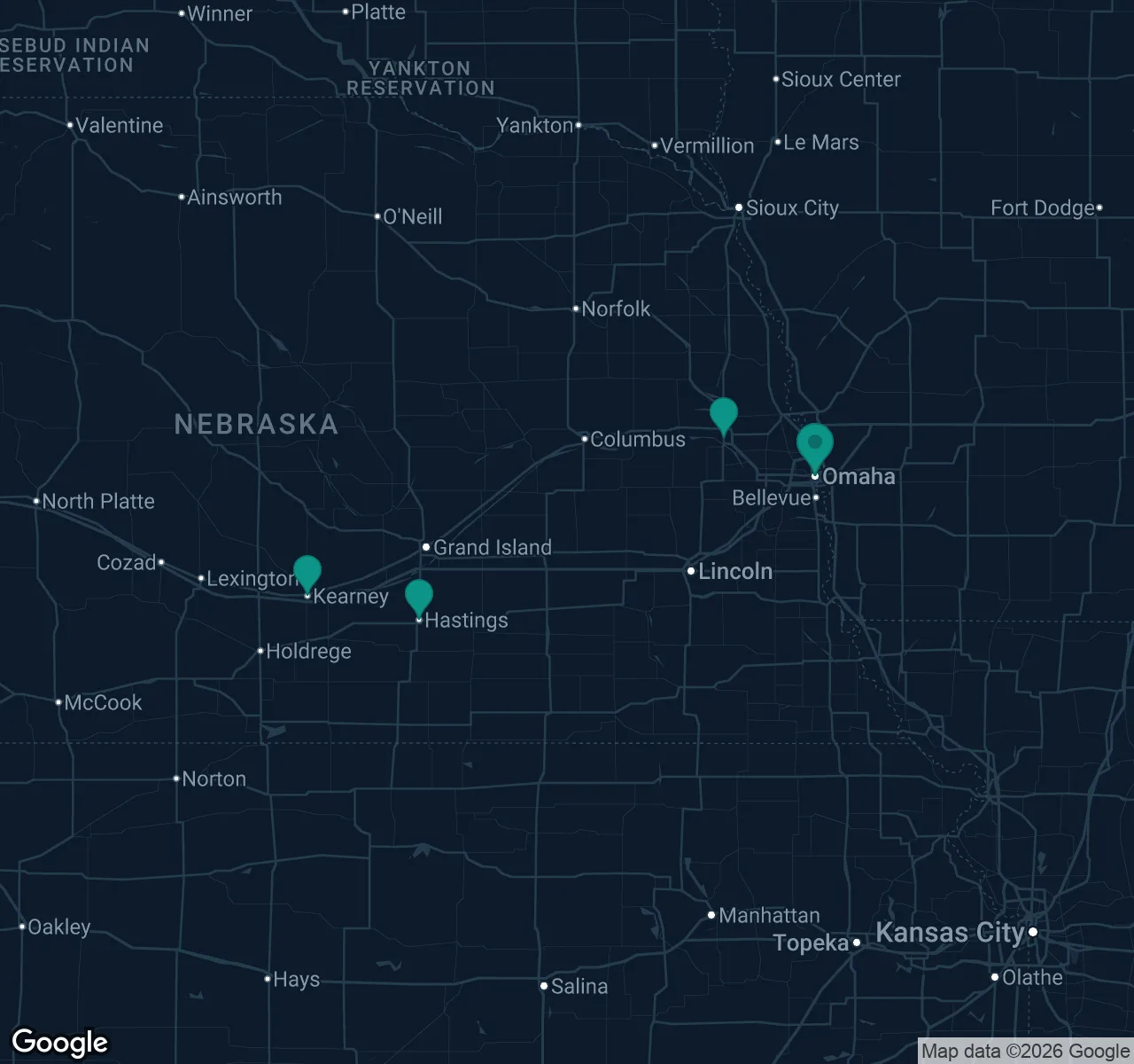 Map of documented asbestos exposure sites in Nebraska