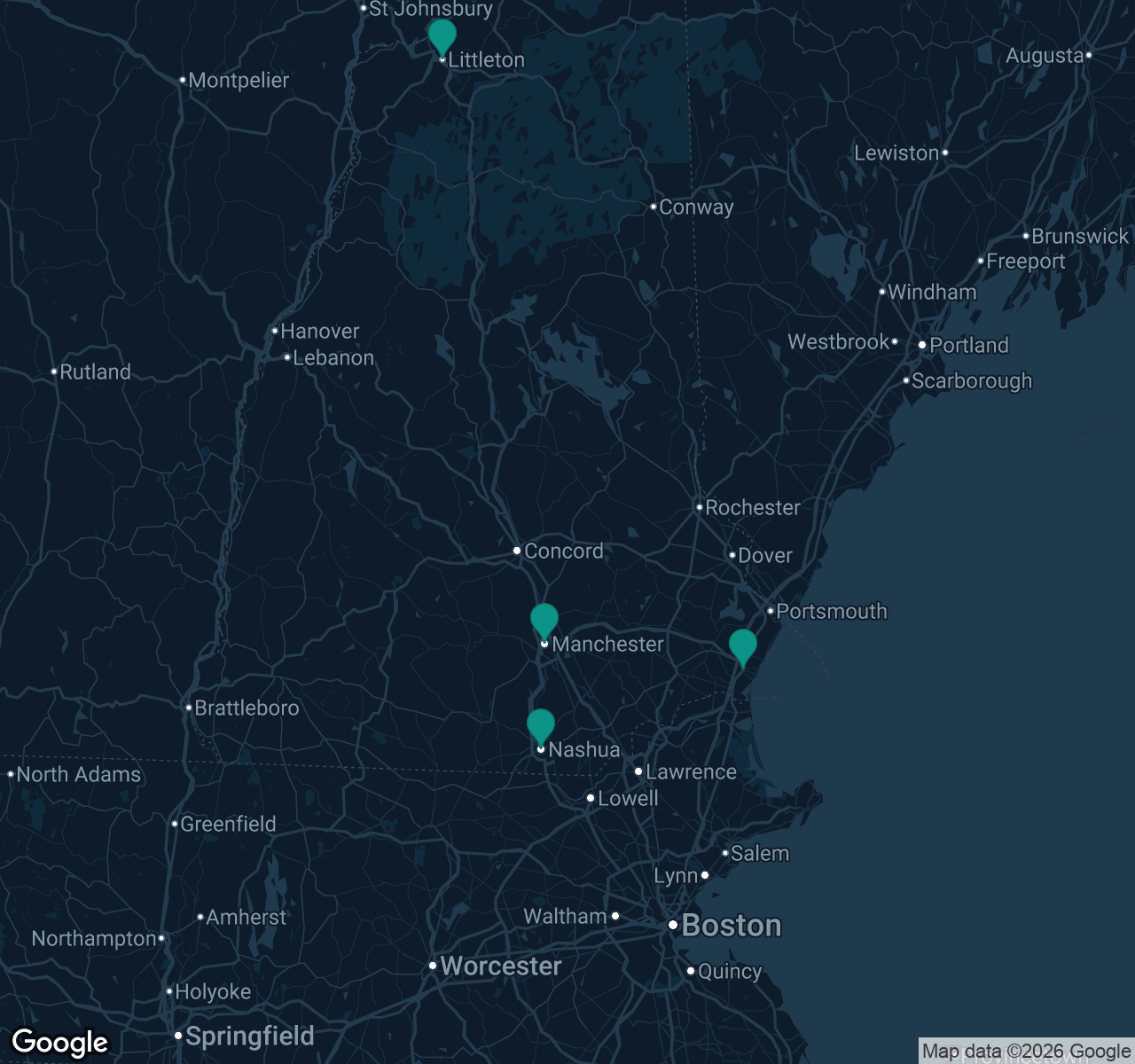 Map of documented asbestos exposure sites in New Hampshire