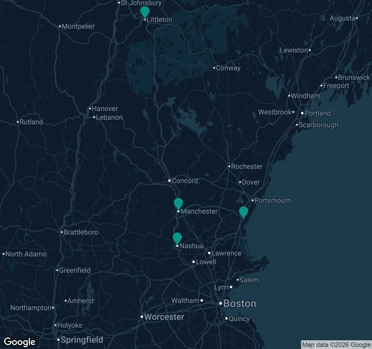 Map of documented asbestos exposure sites in New Hampshire