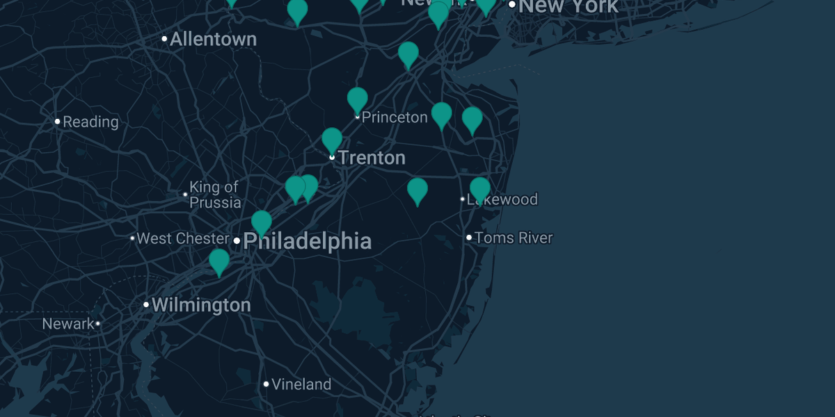 Map of documented asbestos exposure sites in New Jersey