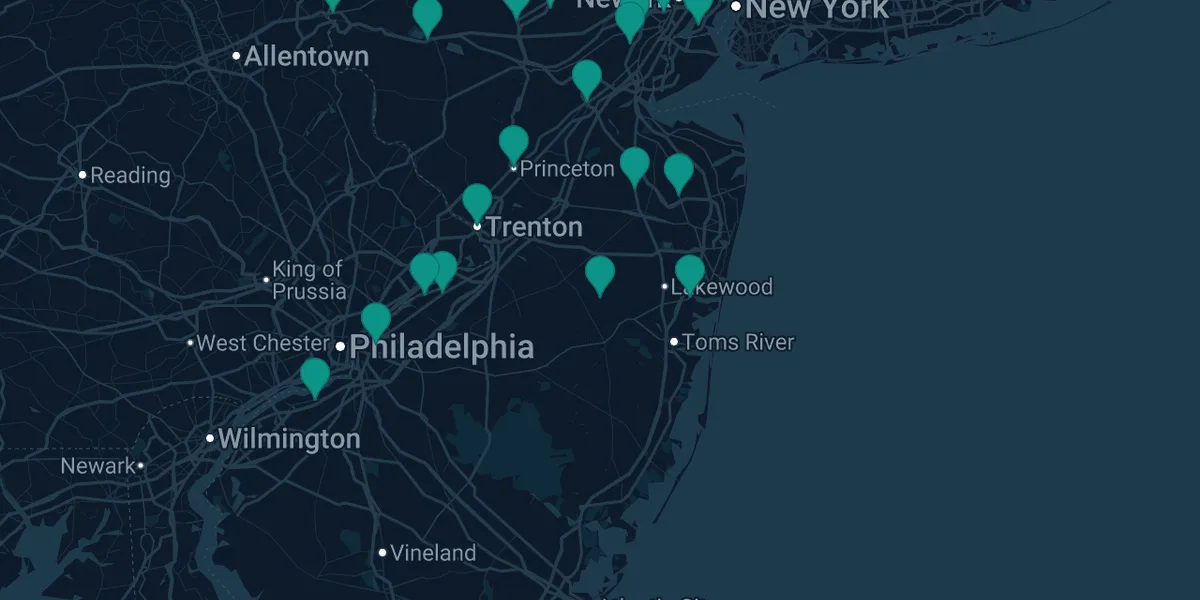 Map of documented asbestos exposure sites in New Jersey