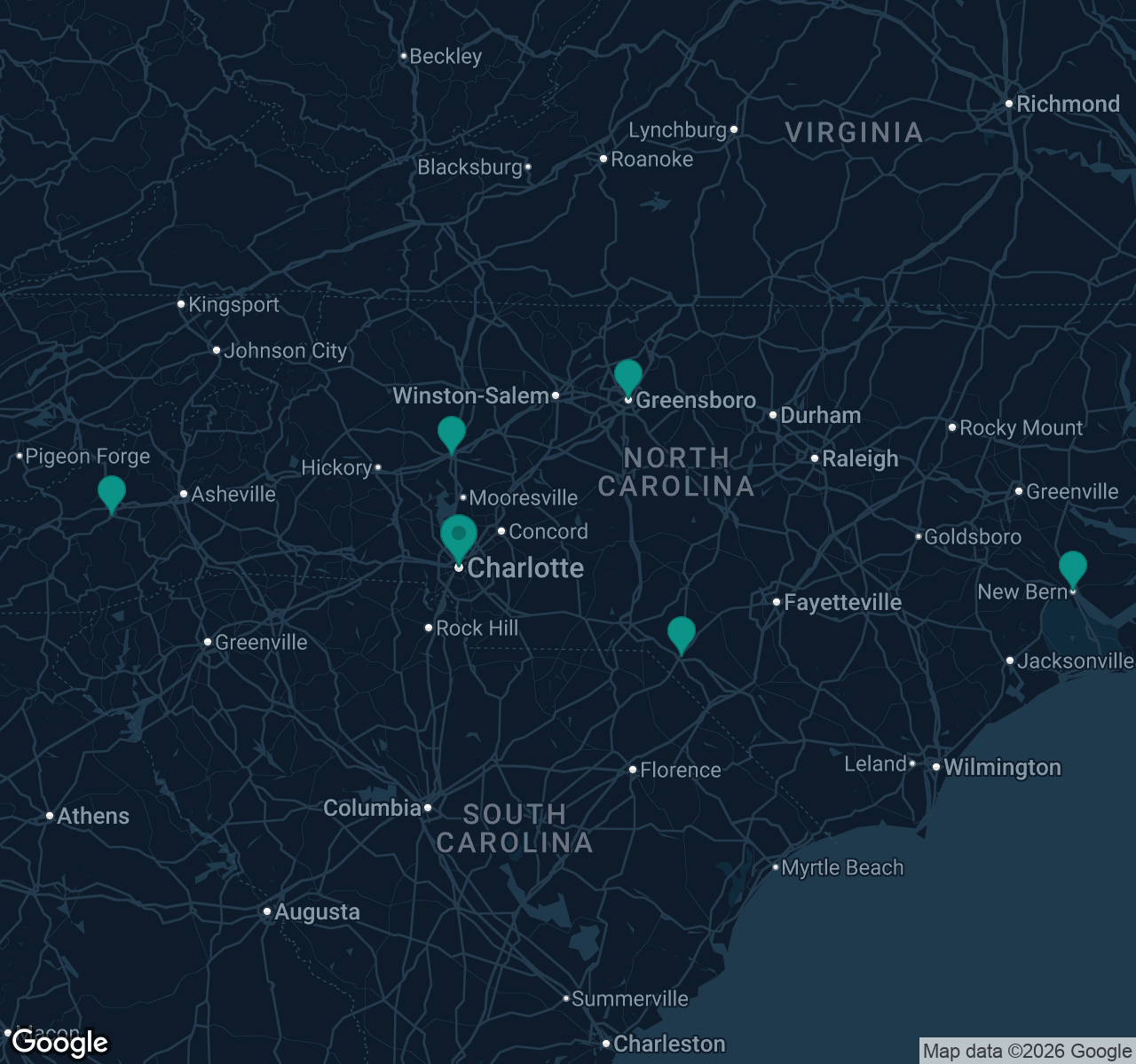 Map of documented asbestos exposure sites in North Carolina