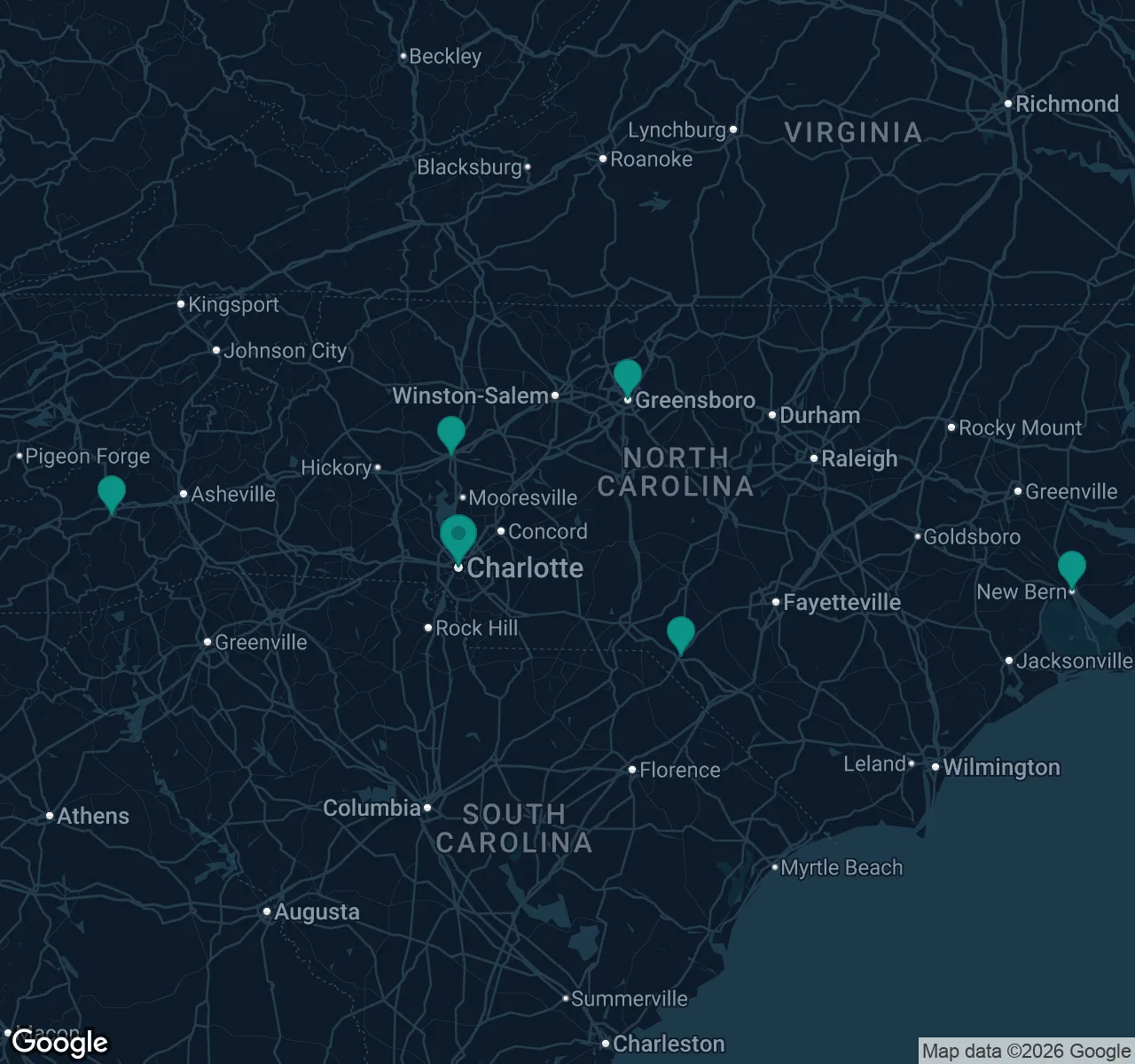 Map of documented asbestos exposure sites in North Carolina