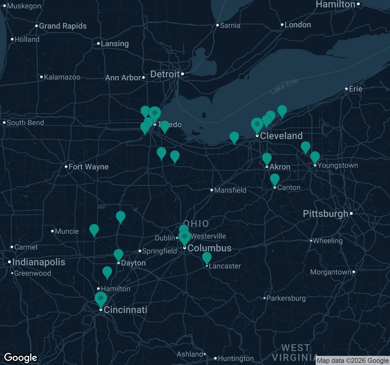 Map of documented asbestos exposure sites in Ohio