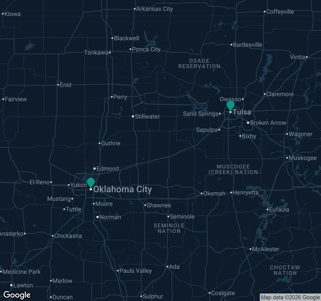 Map of documented asbestos exposure sites in Oklahoma