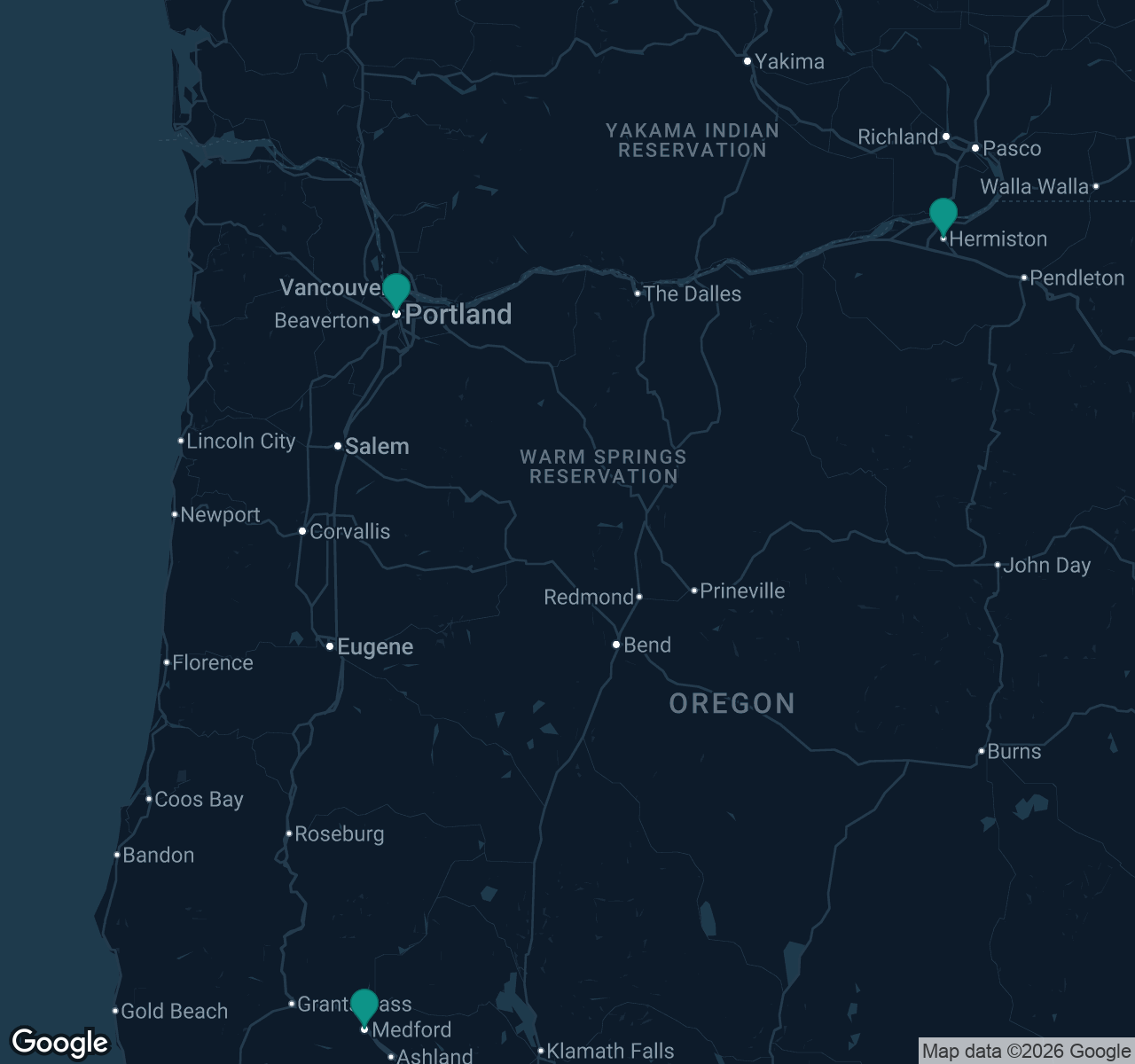 Map of documented asbestos exposure sites in Oregon