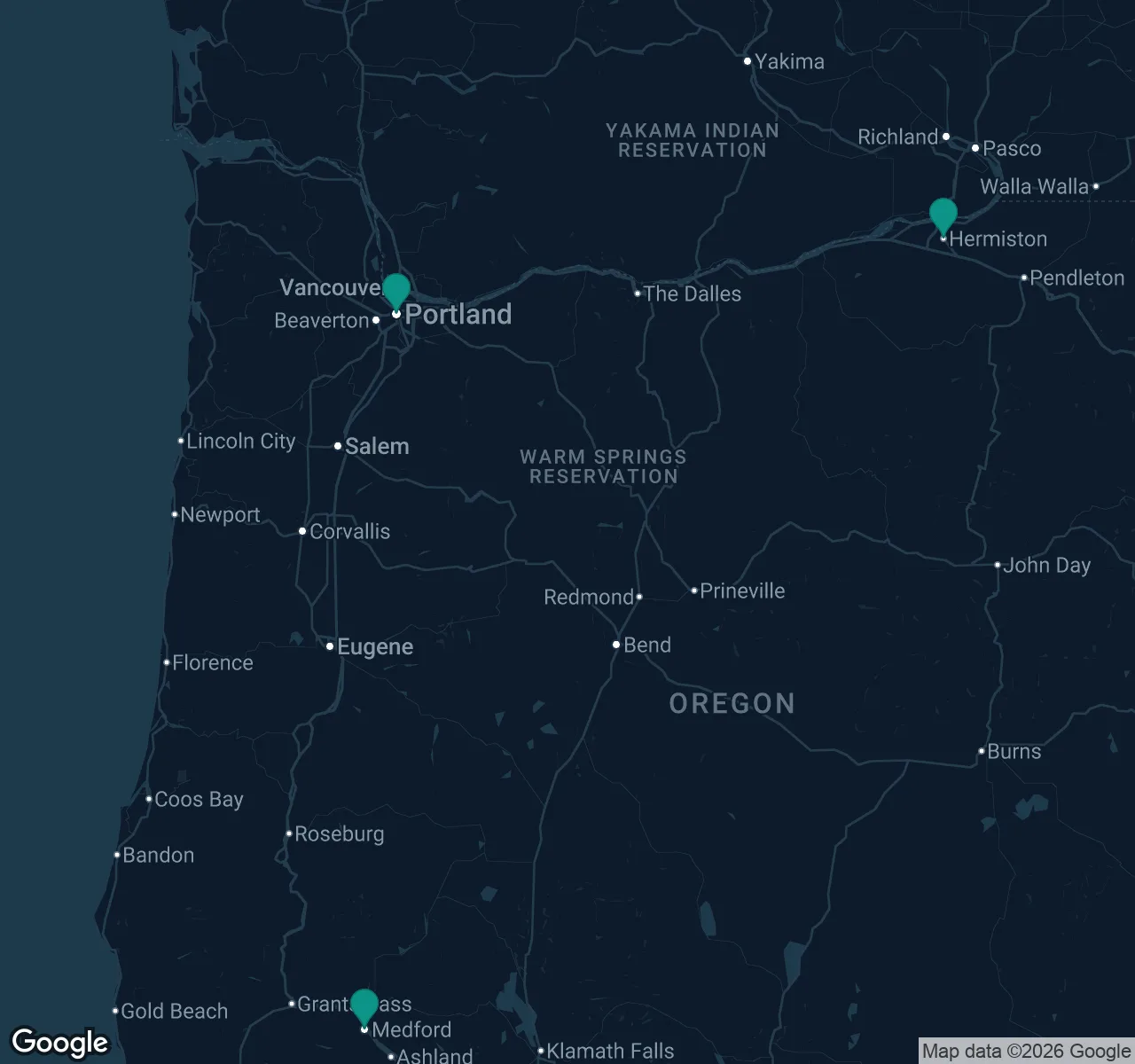 Map of documented asbestos exposure sites in Oregon