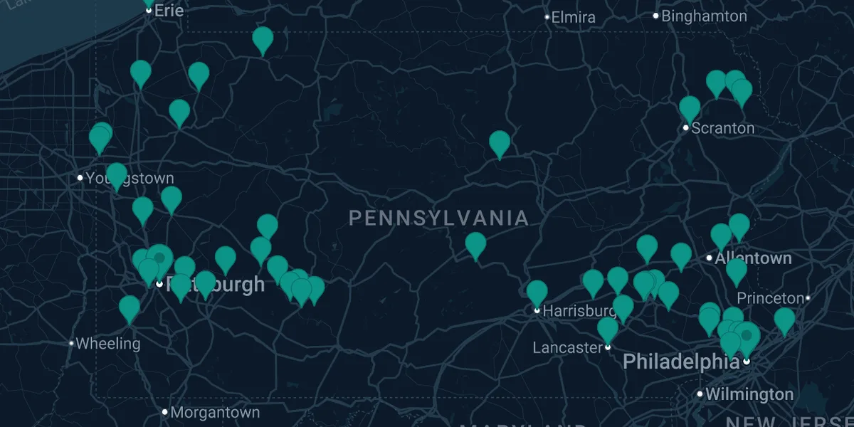 Map of documented asbestos exposure sites in Pennsylvania