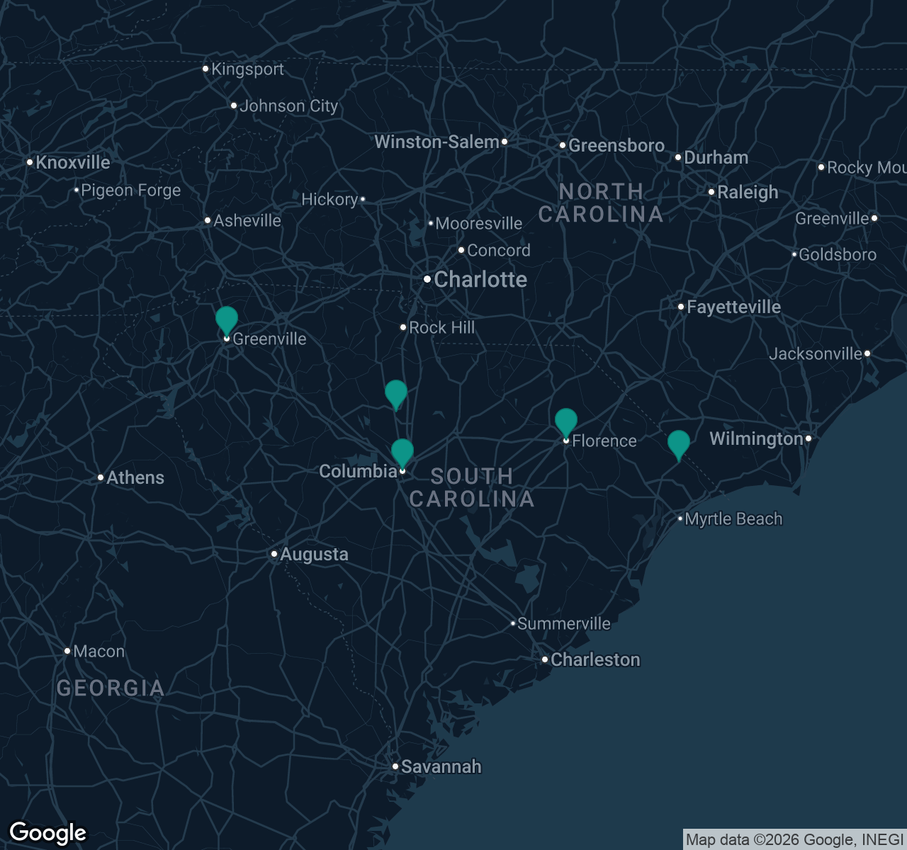 Map of documented asbestos exposure sites in South Carolina